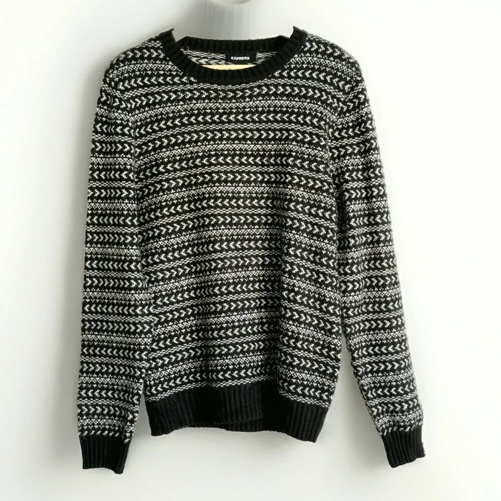 Express Mens Black White Neck Nordic Fair Isle Knit Sweater Medium Crew Winter